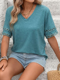 Women Solid Color V-Neck Lace Splicing Short Sleeve Loose T-Shirt Top
