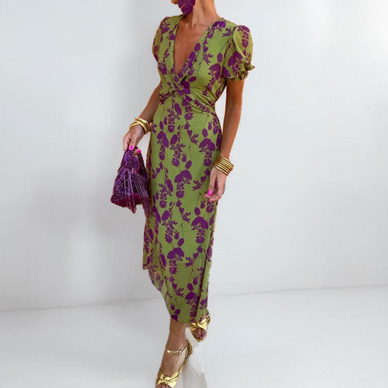 Women's Printed V-Neck Lantern Sleeve Dress