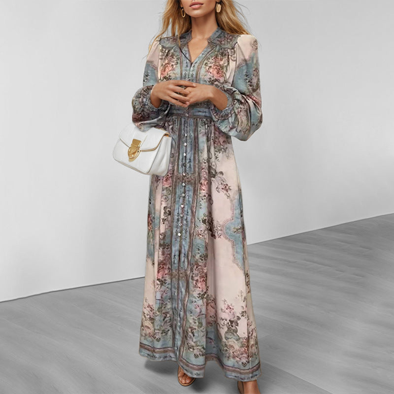 Elegant V-neck Print Long-sleeved Dress Long Dress
