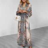 Elegant V-neck Print Long-sleeved Dress Long Dress