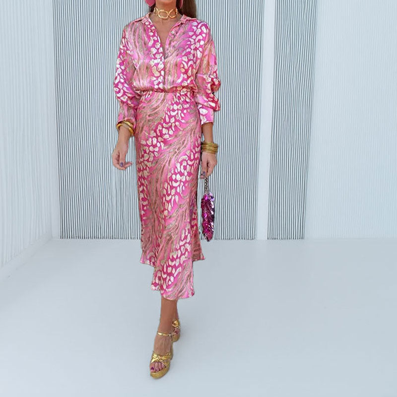Women Elegant Lapel Print High Waist Dress