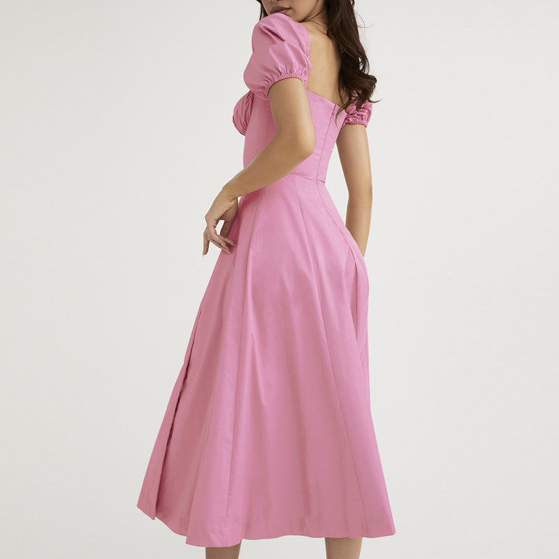 Women Solid Color Bubble Sleeve Strap Dress