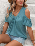 Women Solid Color V-Neck Off-Shoulder Short Sleeve T-Shirt Top