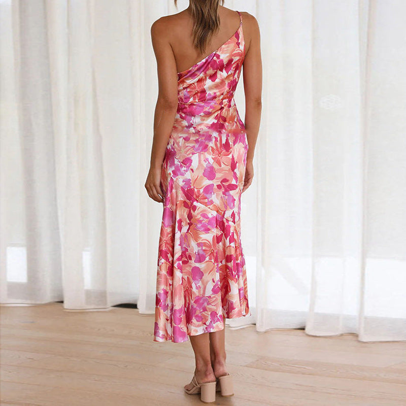 Womens Print Slant Neck Off-the-shoulder Dress
