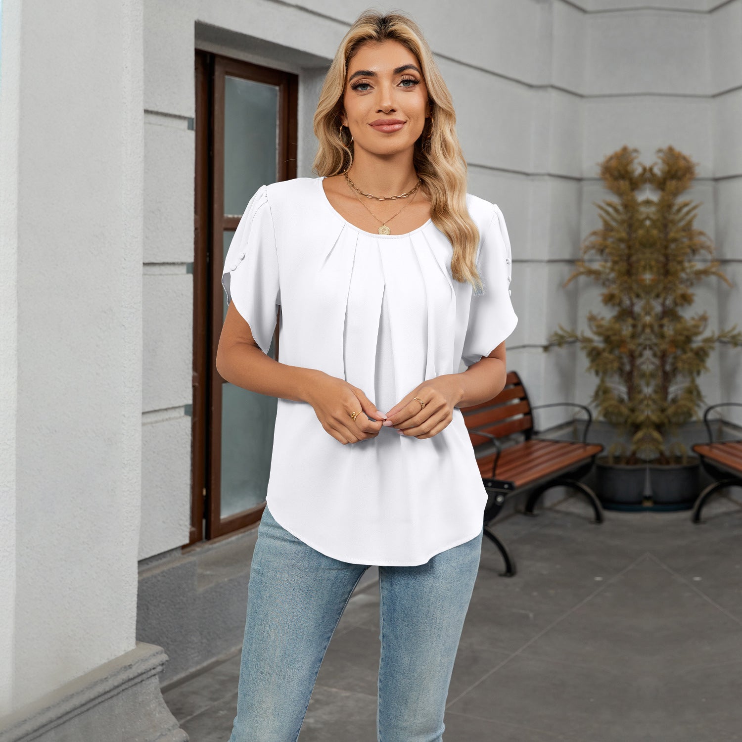 Women Crew Neck Short Sleeve Pleated Loose Chiffon Top