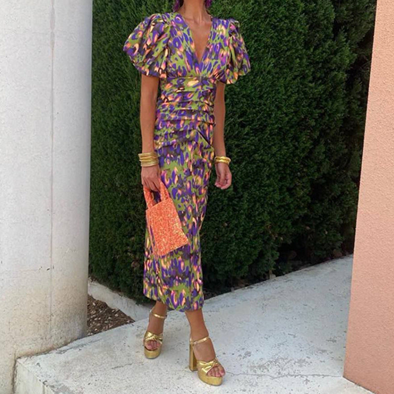 Womens Elegant Printed V-Neck Lantern Sleeve Dress