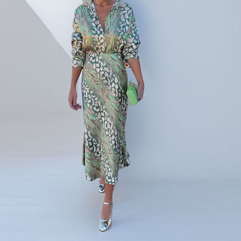 Women Elegant Lapel Print High Waist Dress