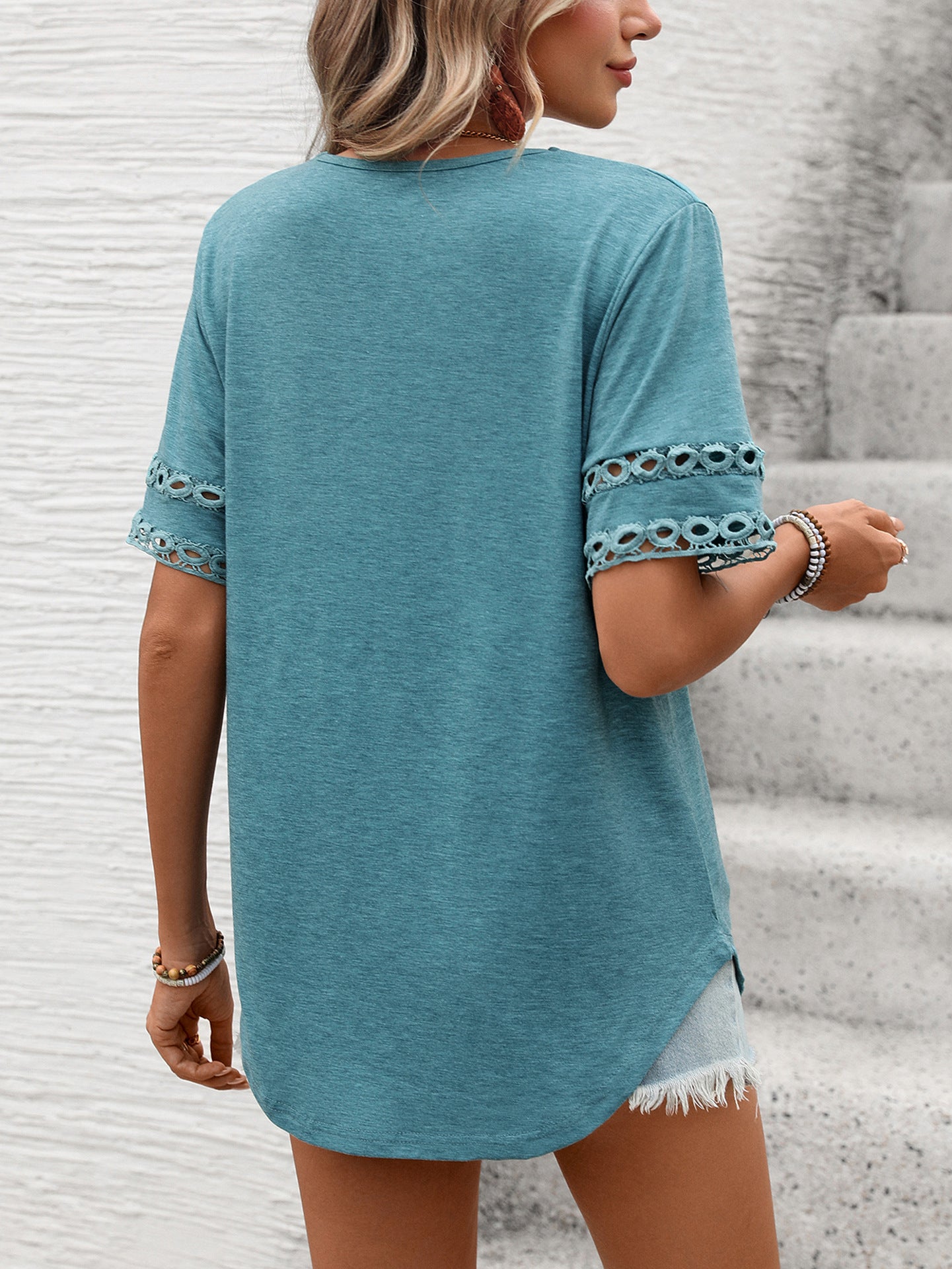 Women Solid Color V-Neck Lace Splicing Short Sleeve Loose T-Shirt Top