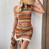Knitted Sleeveless Neck Vest Short Skirt Set Two-piece Set