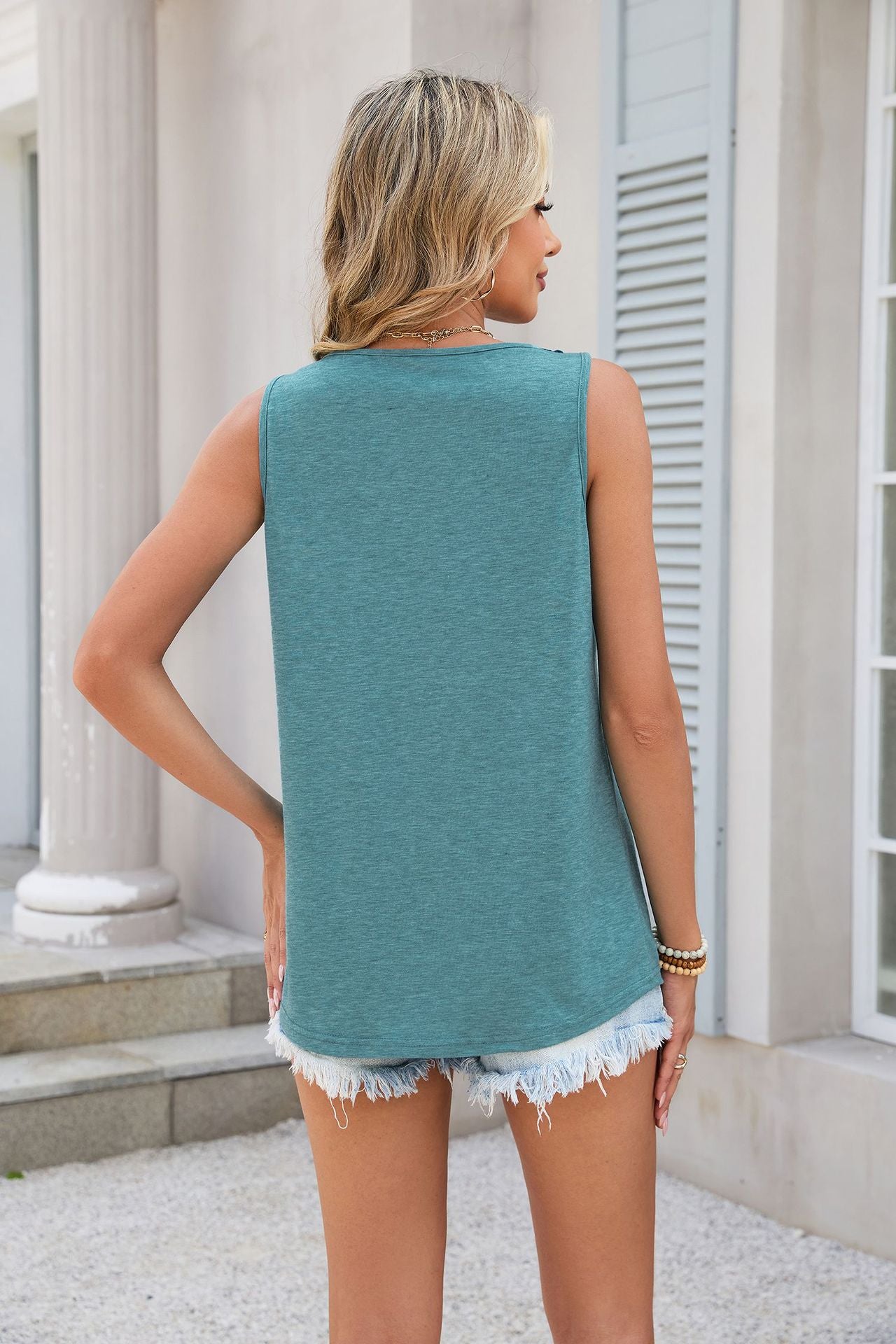 Women Solid Color V-Neck Lace Loose Sleeveless Vest T-Shirt Top