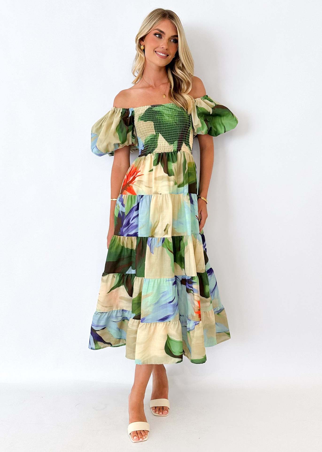 Women Bubble Sleeve Holiday Skinny Long Dress High Waist Shoulder Print Dress