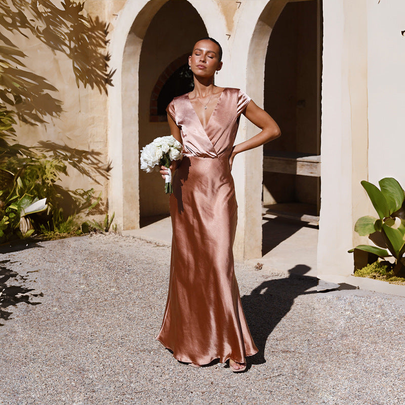 Women Satin Solid Color V-Neck Sexy Fishtail Dress Party Dress Long Dress