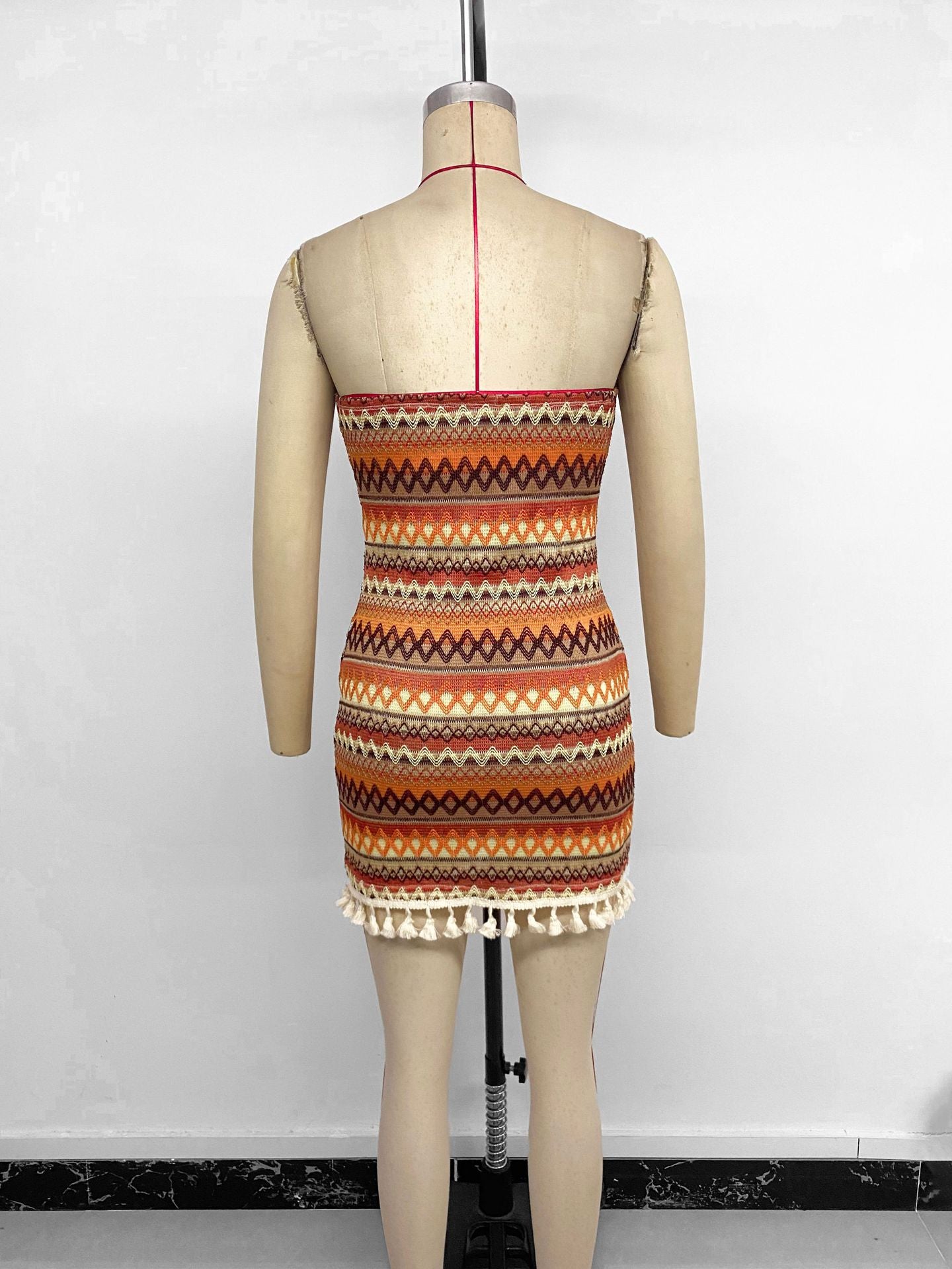 Women Sexy Short Tube Top Striped Fringed Dress
