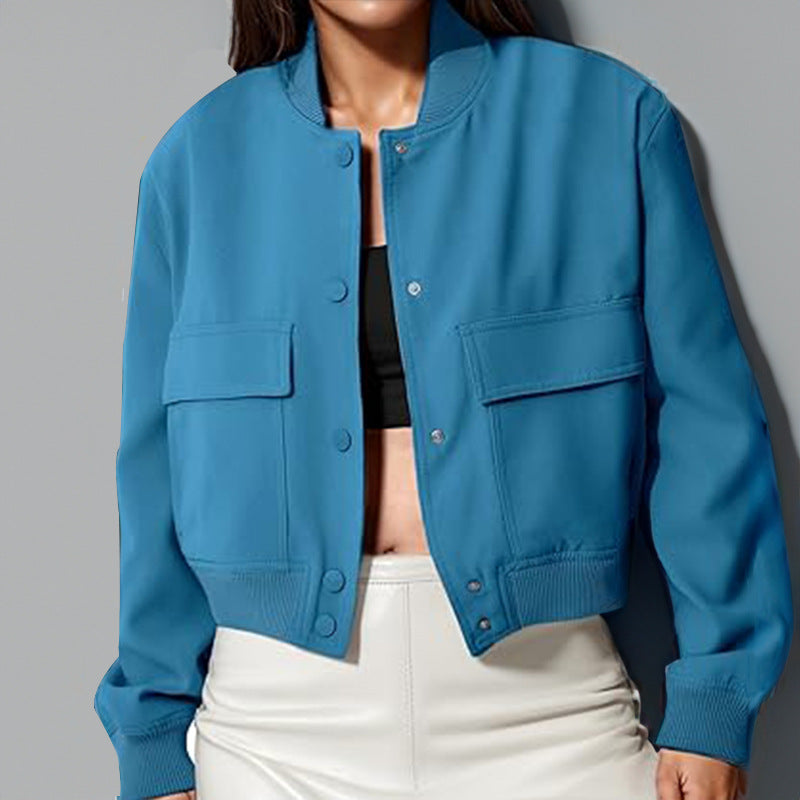 Women's Elegant Casual Stand-Up Collar Solid Pocket Jacket