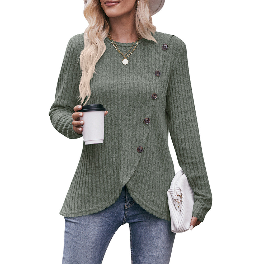 Women's Crew Neck Bottom Solid Color Button T-Shirt