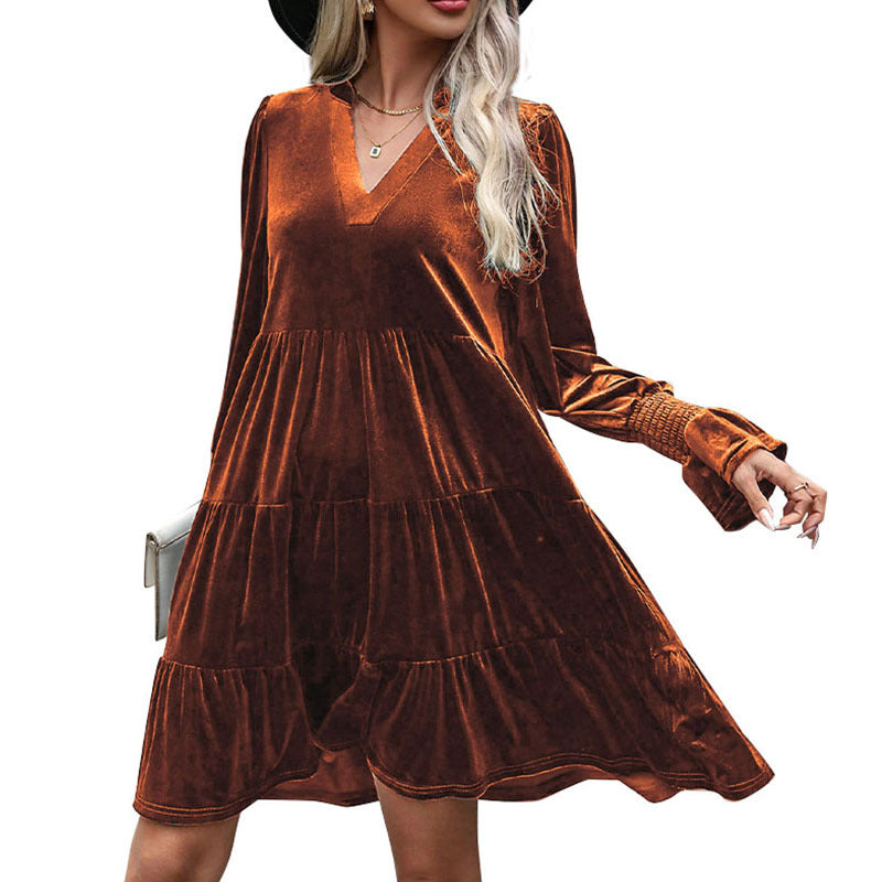 Woemn Long Sleeve Solid Color Velvet Dress