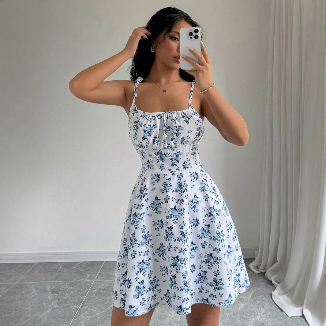 Women Floral Short Dress Square Neck Dresss