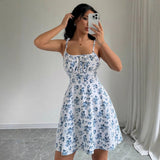 Women Floral Short Dress Square Neck Dresss