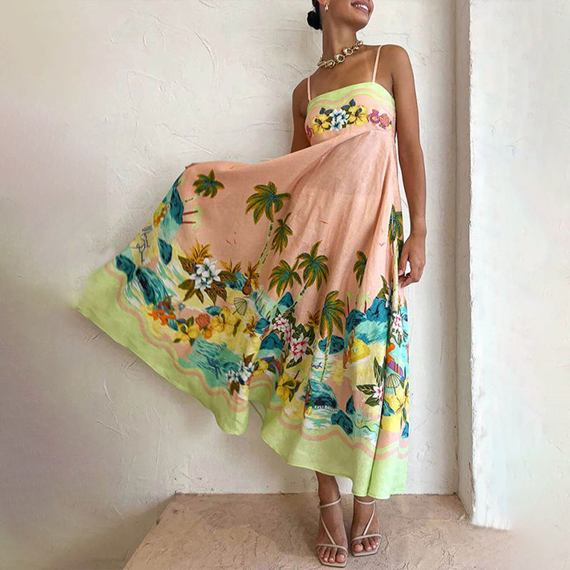 Elegant Printed High Waist Suspender Dress Long Dress