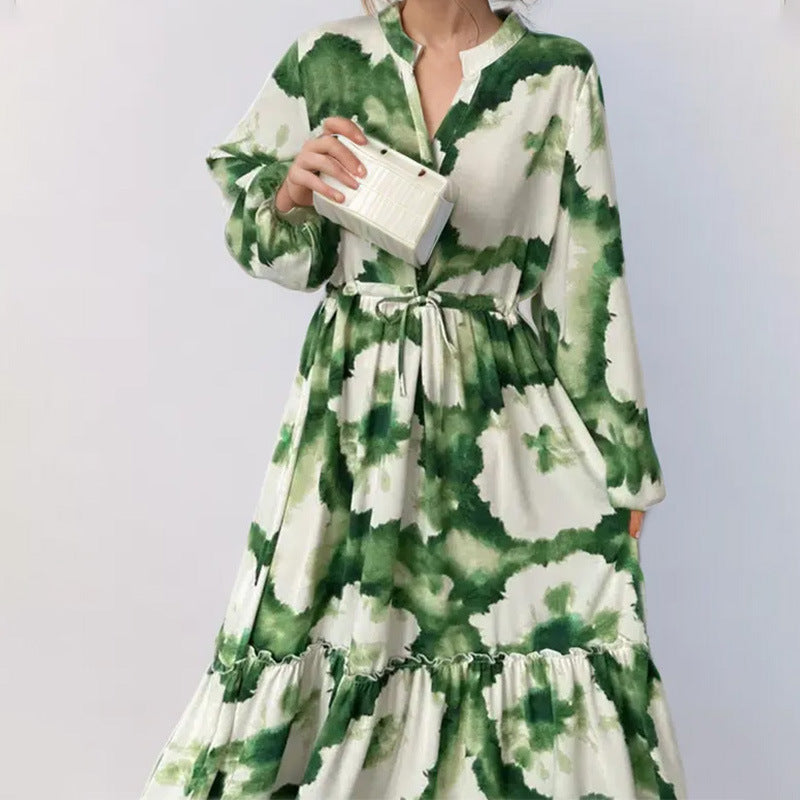 Women Contrast Printed Waist V-Neck Dress