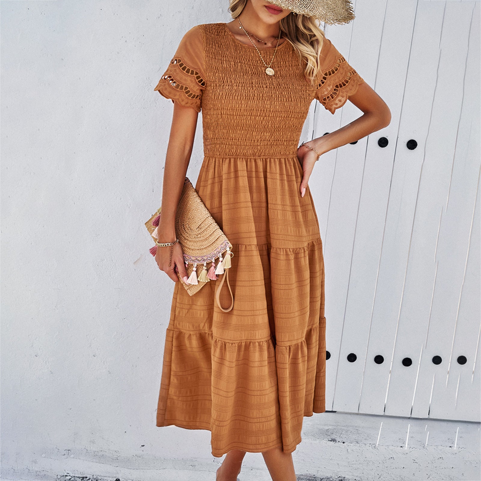 Solid Color Short-sleeved Cut-out Dress for Women