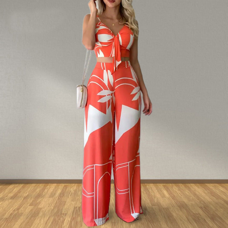 Sexy V-Neck Printed Tank Top Wide Leg Pants Set