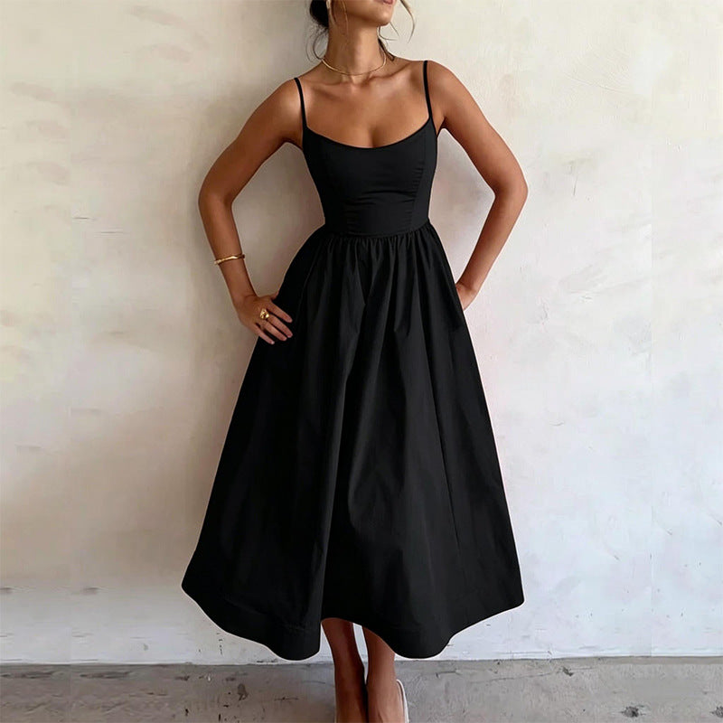 Women Casual Fashion Solid Color Waist Suspender Dress