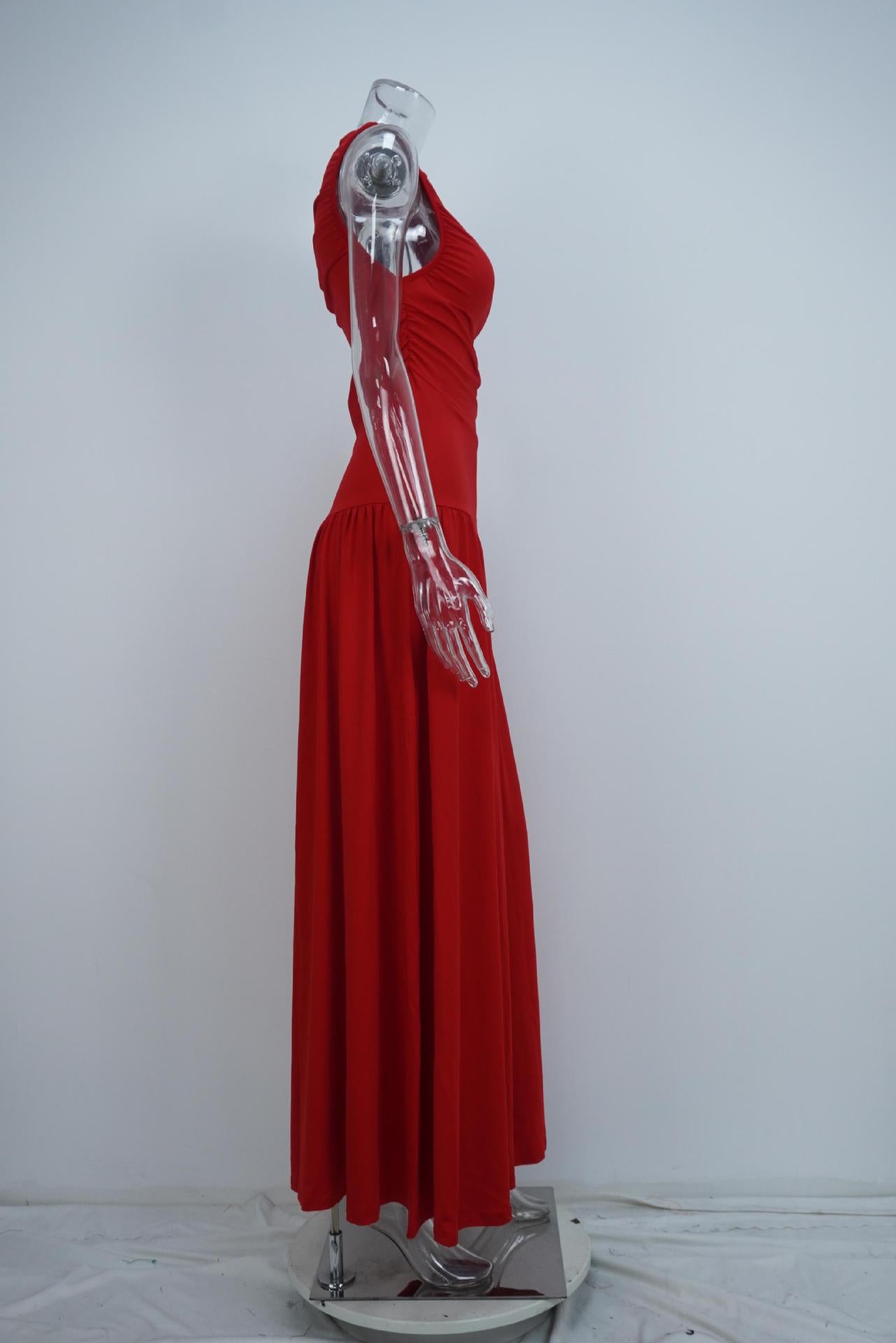 Women Solid Color Pleated Waist Dress Long Dress