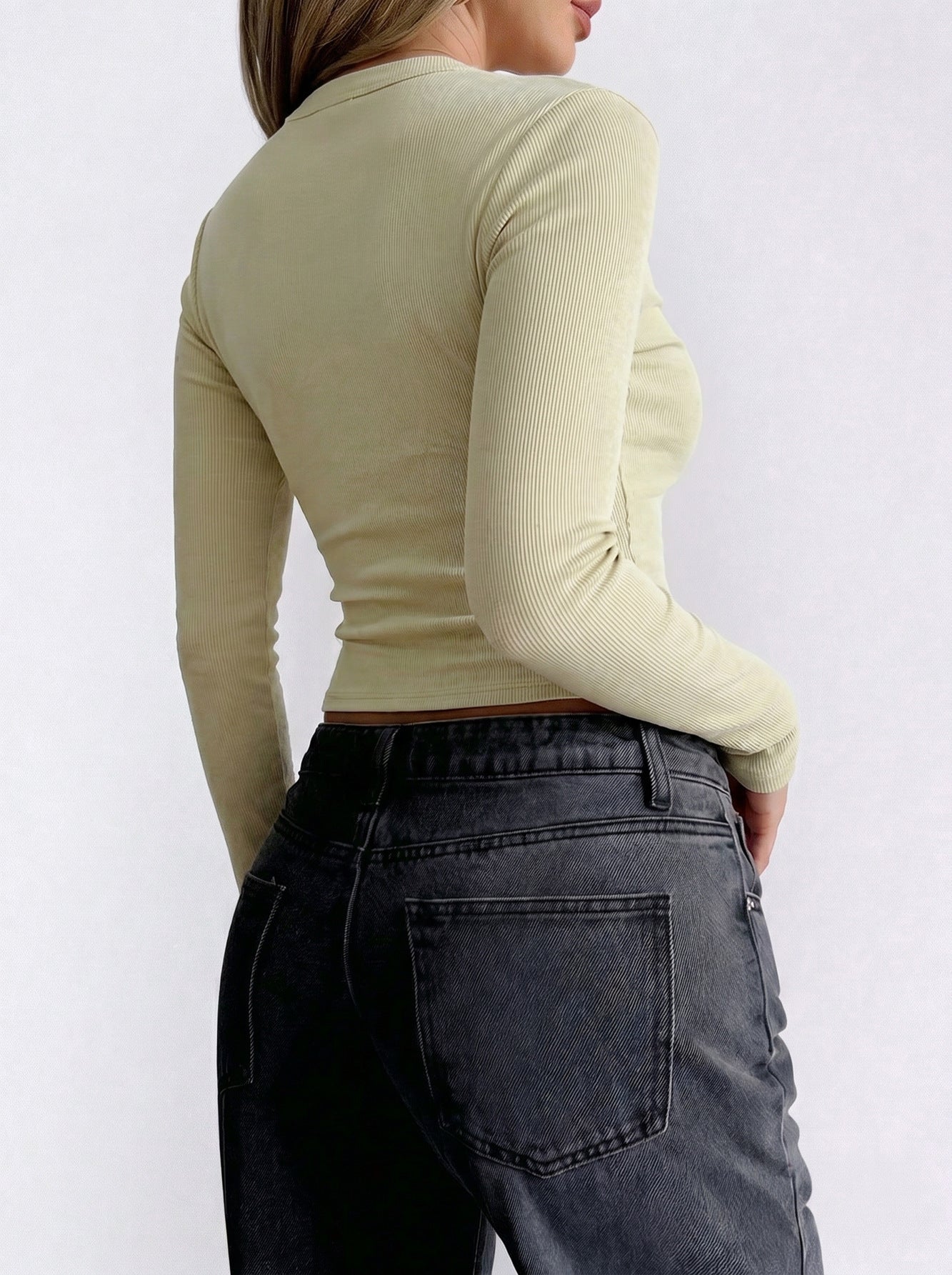 Womens Casual Henry Collar Breasted Long Sleeve Top