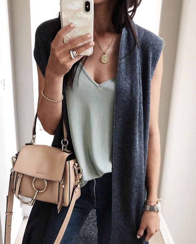Women's Cardigan Fashion Medium and Long Sleeveless Vest Women