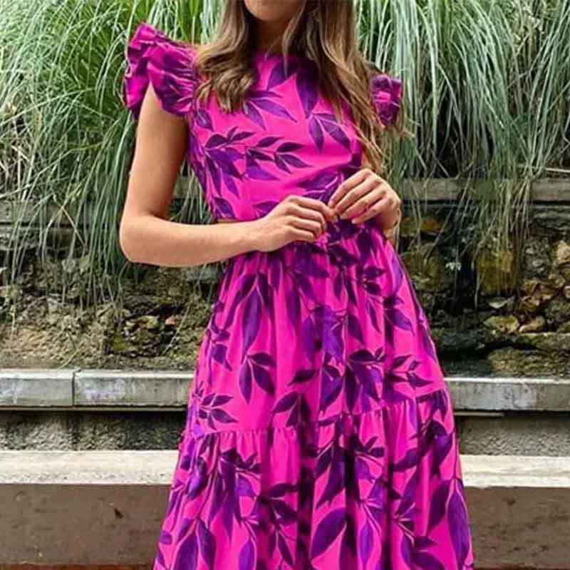 Womens Lotus Leaf Sleeve Print Long Dress