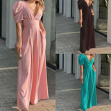 Women's Solid Color Slim-Fit Short Sleeve Wide Leg Jumpsuit