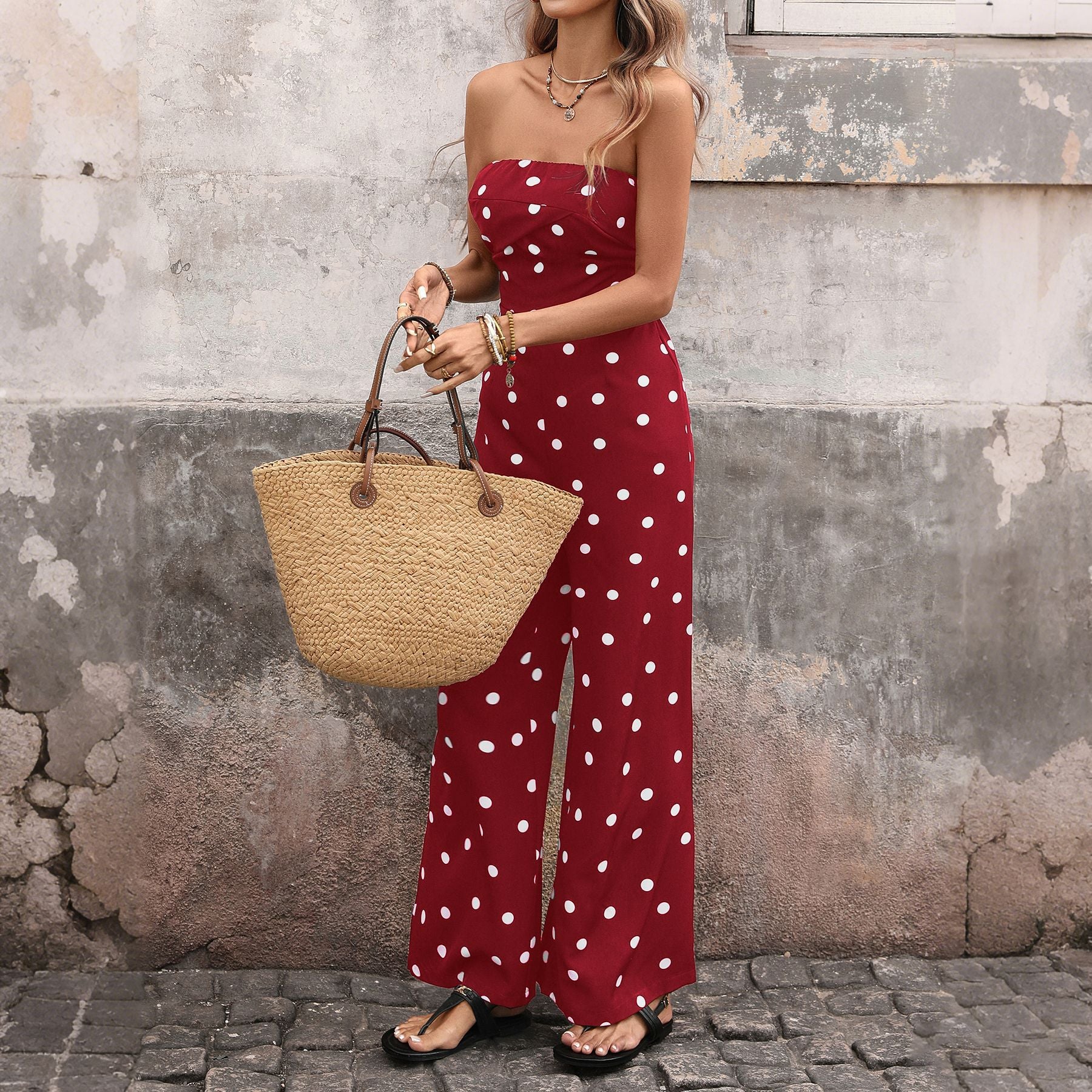 Vintage Polka Dot Tube High Waist Wide Leg Jumpsuit