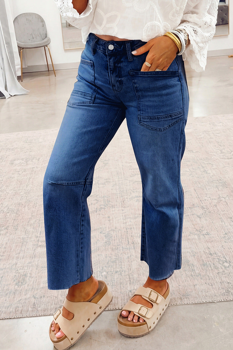 Women High Waist Jeans Big Pockets Slim Fit Skinny