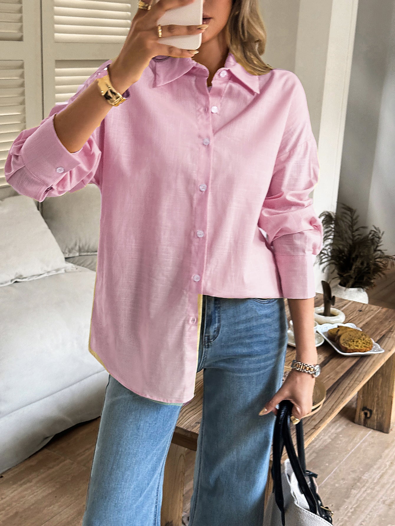 Women's Solid Button V-Neck Long Sleeve Women's Long Sleeve Blouse