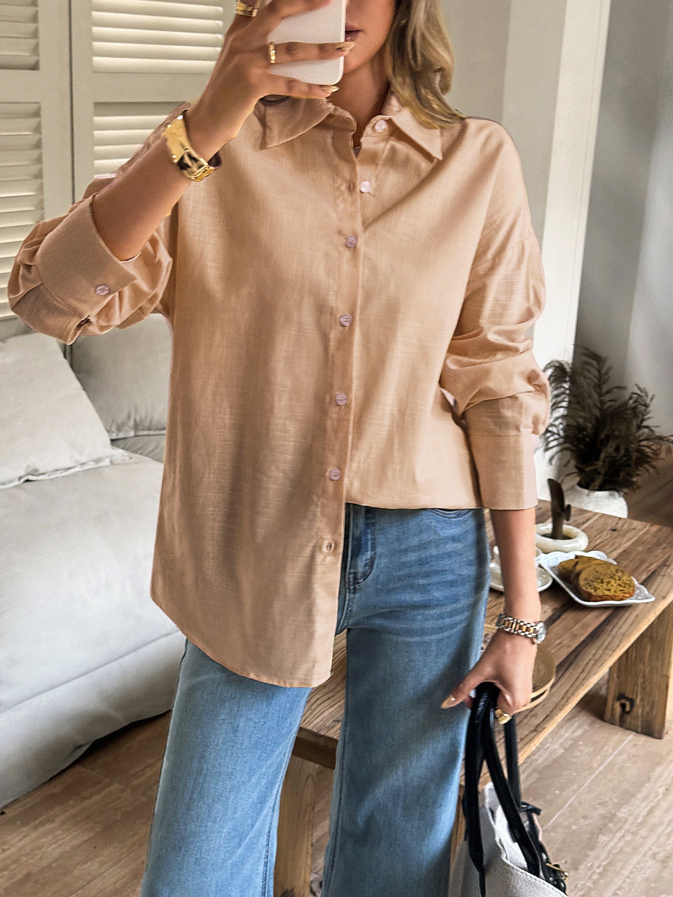 Women's Solid Button V-Neck Long Sleeve Women's Long Sleeve Blouse