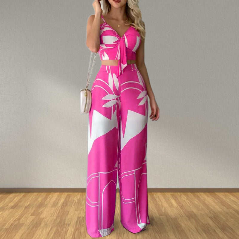 Sexy V-Neck Printed Tank Top Wide Leg Pants Set