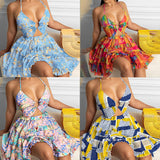 Women Sexy Neck Print Ruffle Edge Dress