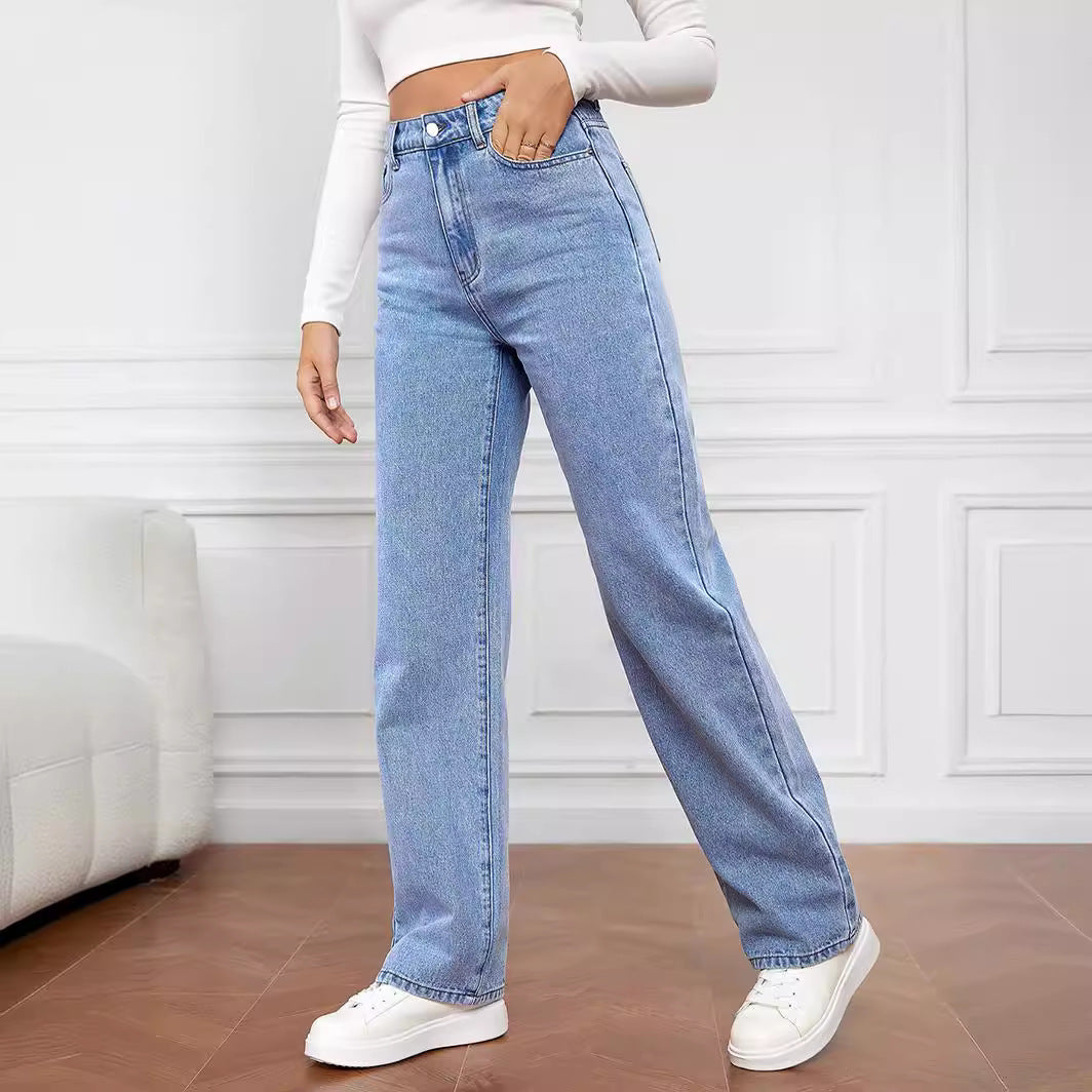 Women Stretch Washed Denim Fashion Straight Pants Long High Waist Jeans