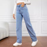 Women Stretch Washed Denim Fashion Straight Pants Long High Waist Jeans