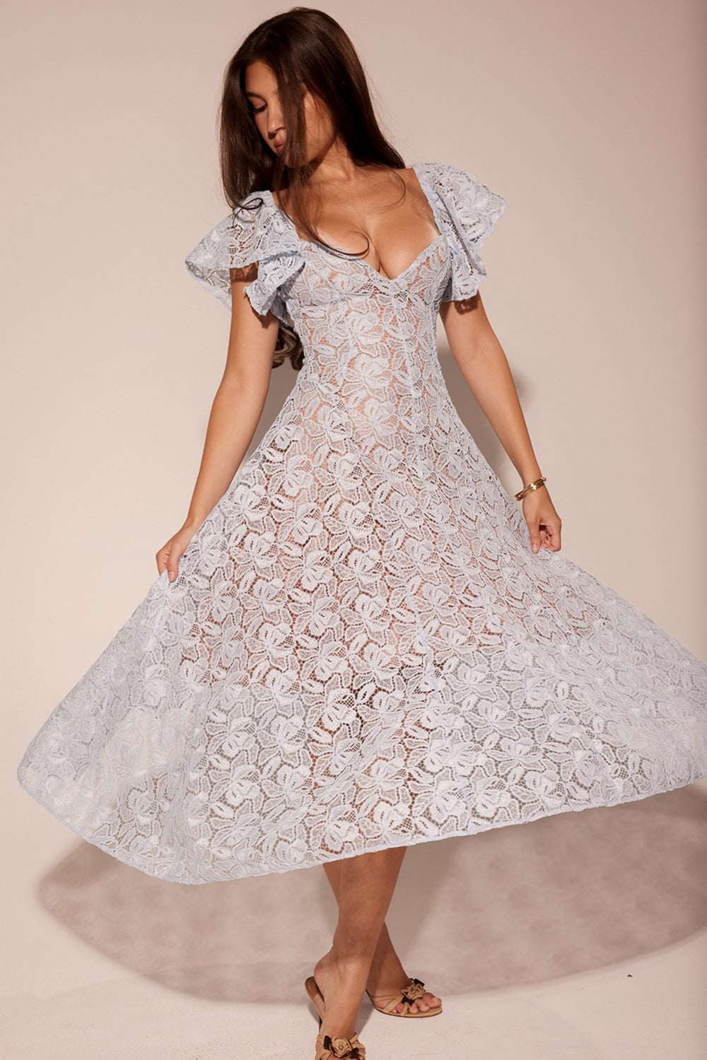 Women Lace High Waist Skinny V-Neck Sexy Short Sleeve Long Dress
