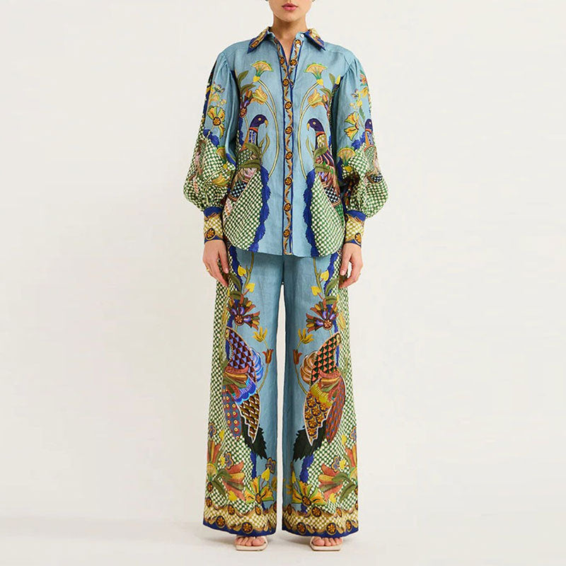 Women's Printed Button Blouse Pants Set