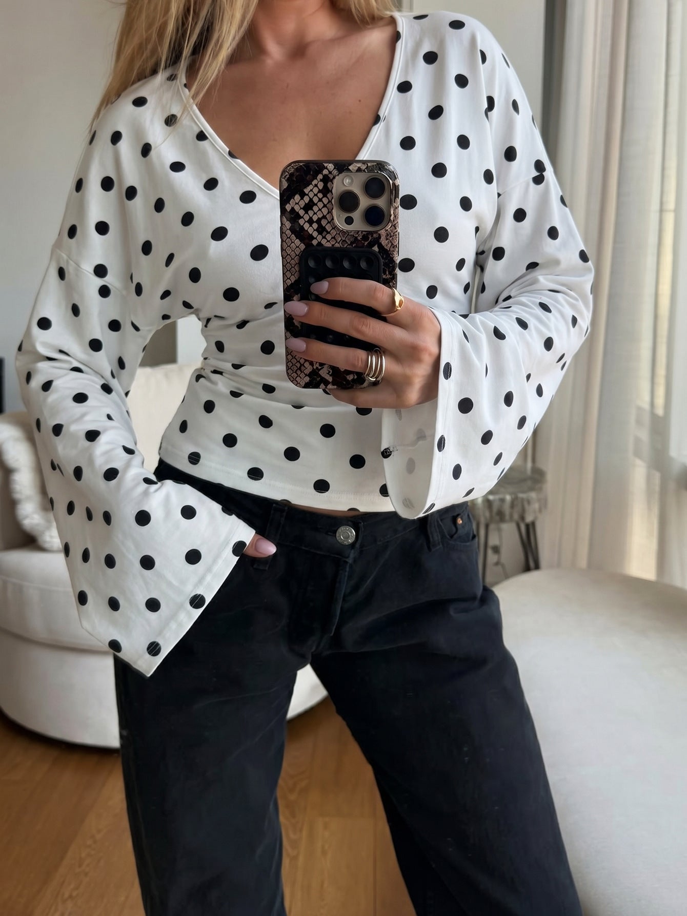 Womens Vintage French Dot V-Neck Top