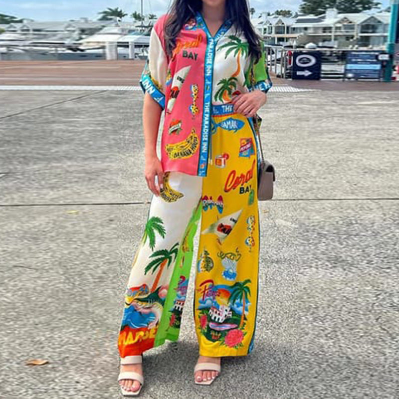 Women's Printed Button Blouse Pants Set