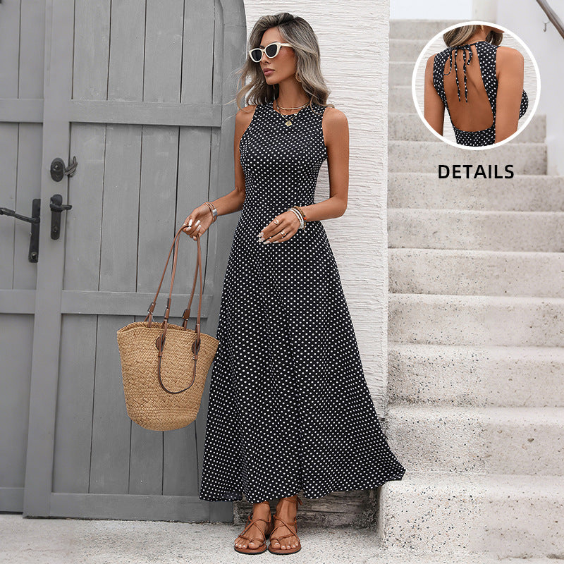 Long Dress Sleeveless Waist Strap Halter Polka Dot Dress