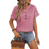 Summer V-neck Button Solid Color Cotton Loose Short-sleeved T-shirt Women