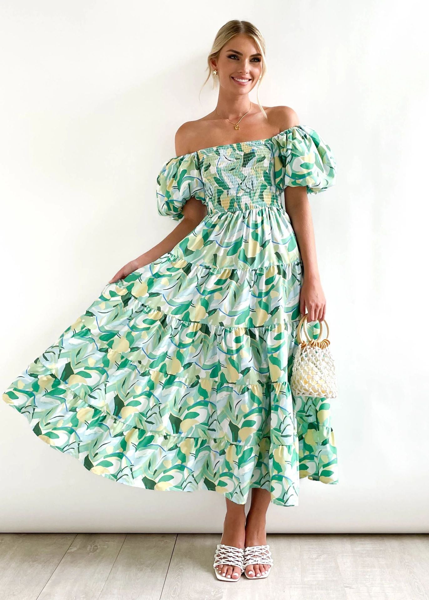 Women Bubble Sleeve Holiday Skinny Long Dress High Waist Shoulder Print Dress