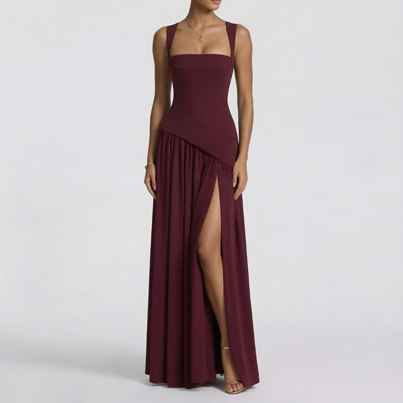 Women's Summer Elegant Slim Fit Solid Color Waist Split Dress