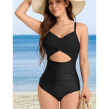 Women's Solid Color Hollow-Out Cut-Out Stretchable Synthetics Sleeveless Elastane 1-Piece Swimsuit - Quick Dry, Breathable, Fitted Streamlined Cut Beachwear Swimdress, Hand Wash Only for Beach Vacations