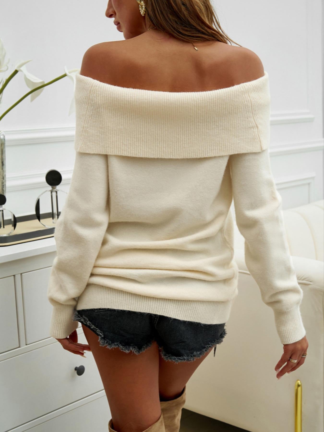 Women's Fashion Casual Plush Ribbed Off-Shoulder Knit Pullover Sweater - Foldover Boat Neck, Long Sleeve, Loose Fit, Solid Color, Breathable Tops for Women, Fall Winter Daily & Party Wear Knitwear